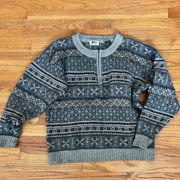 REI Vintage Wool Quarter Zip Ski Pattern Sweater | Size XL - Picture 2 of 6